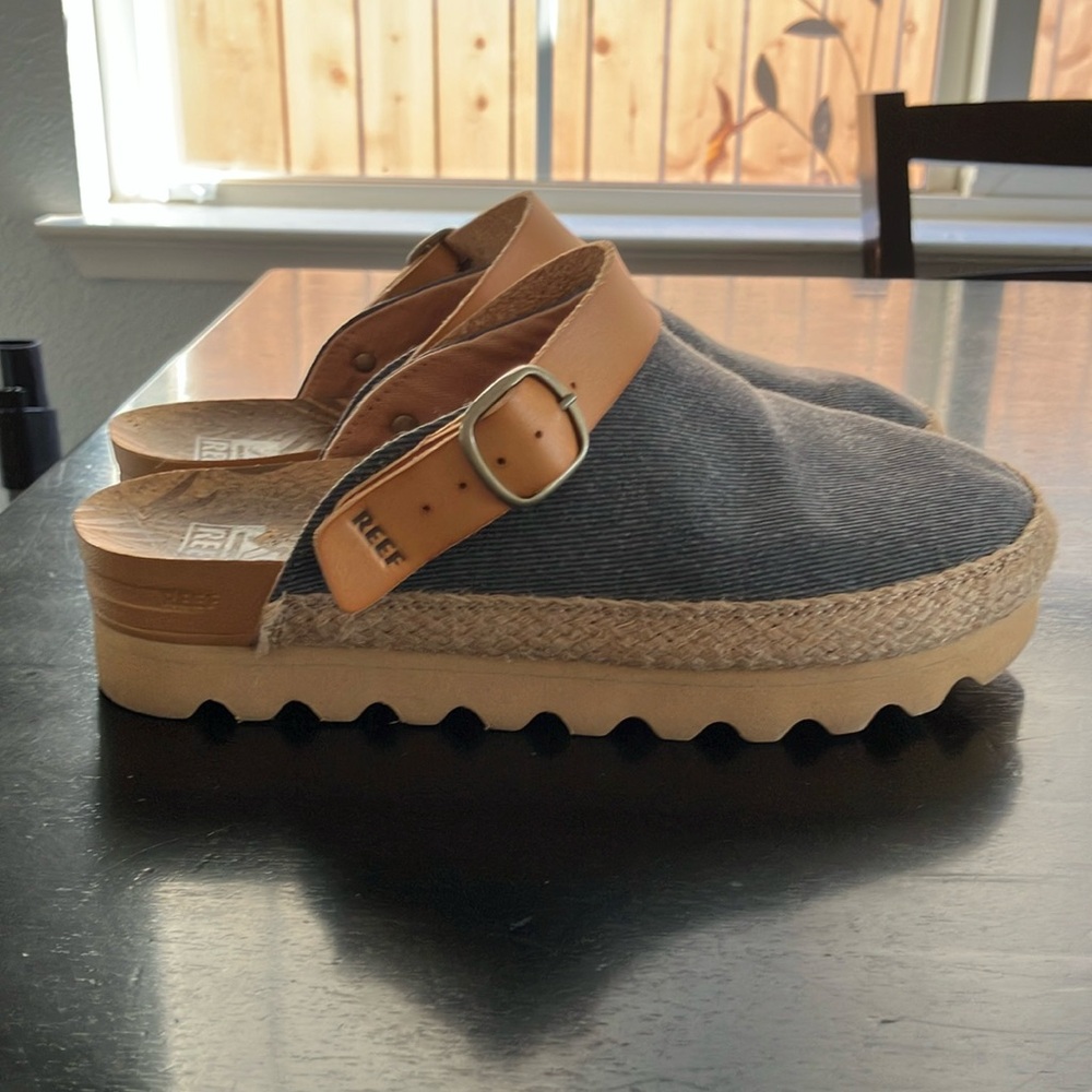 Reef Denim and Tan Espadrille Clogs